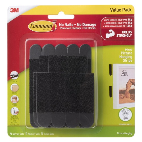Command Picture Hanging Strips 17036BLK-NRVP Narrow Black Assorted, Value Pack of 16 Sets