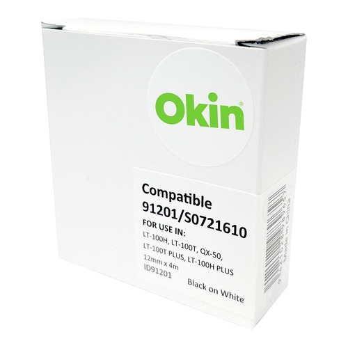 Okin Compatible Dymo LetraTag Tape 91201 12mmx4m Black on White