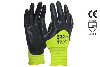 GRIP-IT\' Black nitrile 3/4 dip coating with Hi-vis nylon liner, Size 10 - Esko