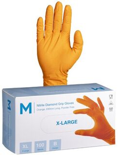 Nitrile Diamond Grip Gloves Powder Free - Orange, XL, 240mm Cuff, 9.0g  - Matthews