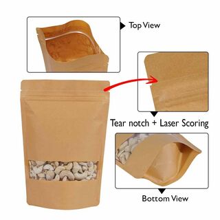 Stand Up Pouch 150g Brown Kraft Paper w Rectangle Window w Zip no Valve 130w x 210h x (40 + 40)g