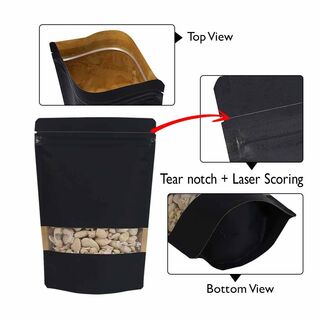 Stand Up Pouch 150g Black Kraft Paper w Rectangle Window w Zip no Valve 130w x 210h x (40 + 40)g