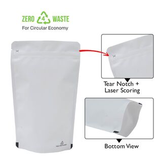 Stand up Pouch 500g Recyclable Matt White w Zip no Valve 180w x 290h x (50 + 50)g