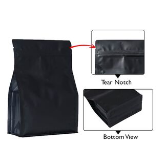 Flat Bottom Pouch 1kg Matt Black w Zip w Valve 195w x 295h x (45 + 45)g